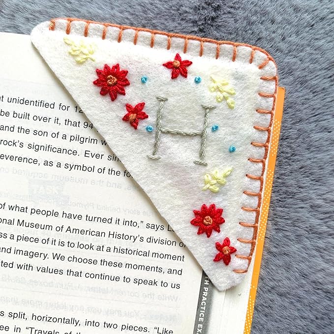 Personalized Hand Embroidered Corner Bookmark, Cute Flower Book Mark, Hand Stitch Gift for Women Book Lovers by HNQCPCVU (H, White)
