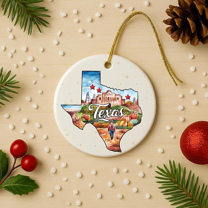USA State Landmark Ceramic Ornament – Round Glossy Christmas Decoration Featuring U.S. State Art, Landmarks & Holiday Scenery – Collectible Travel Souvenir Ornament Series (Texas)