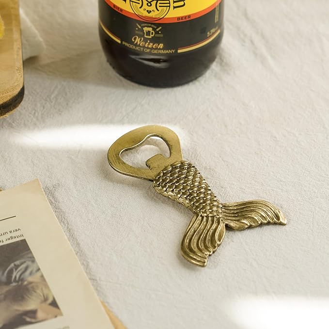 Vintage Fish Tail Beer Bottle Opener Functional Bottle Opening Father's Day Christmas Birthday Gift for Men Husband Father Beer Lovers Funny Metal Decor for Homes Kitchen Man Cave, Gold