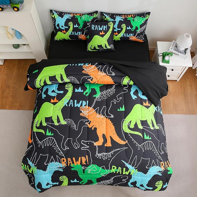 6 Pcs Bed in A Bag Full Comforter Set for Boys Girls, Dinosaur Comforter, Dinosaur Bedding Sets with Sheets for Kids