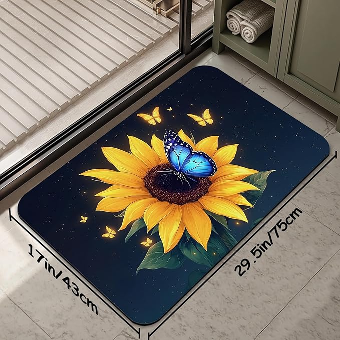 Sunflowers in The Night Sky Bath Mat 29.5"x17"Butterflies Slim Low-Profile Fast Drying Super Absorbent Bathroom Rug with Non-Slip Backing, Easy-Clean Modern Floor Mat for Tub, Shower, or Entryway