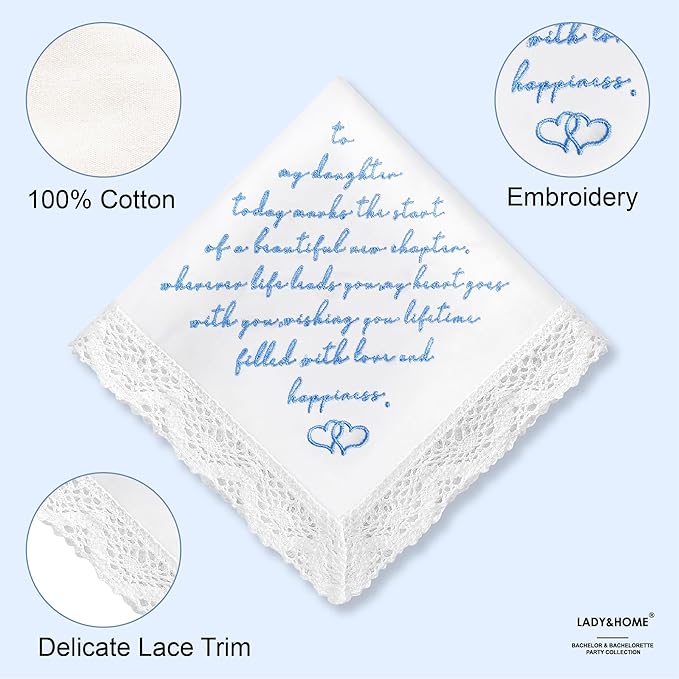 LADY&HOME Something Blue Embroidered Wedding Handkerchief - Mom,Dad,Daughter,Lace Bridal Hankies Wedding Gifts