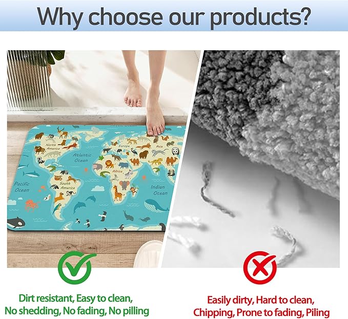 World Map with Animals AST Drying Absorbent Bathroom Mat, Non-Slip Rubber Backing Thin Low-Profile Bath Rug, Easy-Clean Bathroom Floor Mat for Shower, Bathtub, Kitchen, or Entryway