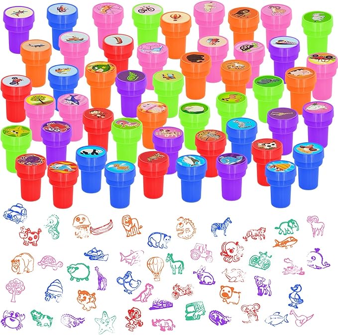Cinrobiye 50 PCS Stampers for Kids ,Animal Car Fun Theme Self-Inking Stamp Set for Party Favors Classroom Rewards DIY Crafts Goodie Bag Fillers Birthday Gifts Spring Summer Supplies