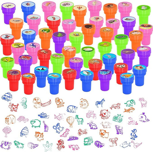 Cinrobiye 50 PCS Stampers for Kids ,Animal Car Fun Theme Self-Inking Stamp Set for Party Favors Classroom Rewards DIY Crafts Goodie Bag Fillers Birthday Gifts Spring Summer Supplies