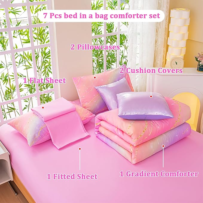 Rainbow Bedding Set Twin Size – 7 Piece Reversible Girls Comforter with Deep-Pocket Sheet, Gradient Galaxy Design, Whole-Piece Filling, Machine Washable Bed-in-a-Bag for Kids Room Makeover & Gifts
