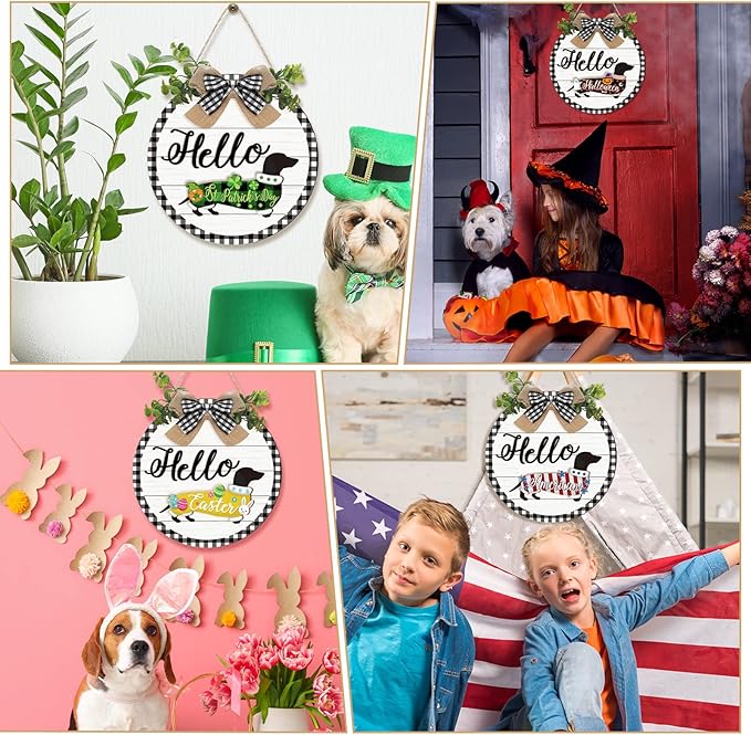 Glenmal 16 Pcs Seasonal Dachshund Door Decor for All Season and Holiday Hanging Cute Christmas Dachshund Welcome Sign Rustic Wooden Farmhouse Front Door Signs Outdoor(White with Plaid Frame)