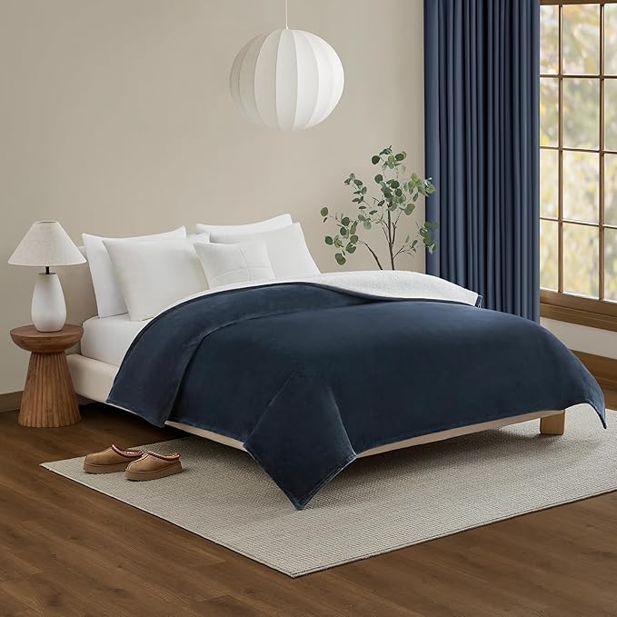 UGG Nita Full/Queen Blanket Fleece Fluffy Reversible Soft Fuzzy Bedding Cozy Plush Warm Oversized Blanket Machine Washable Bedroom Decor for Big Couch or Bed, 90-inch x 90-inch, Navy Blue