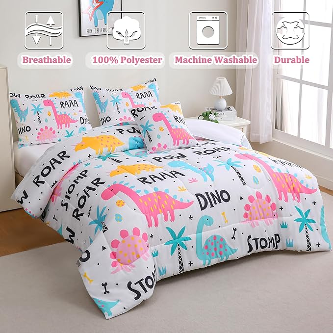 6 Pcs Bed in A Bag Dinosaur Bedding Full Comforter Set for Girls,Pink Dinosaur Bedding Sets with Sheets for Kids