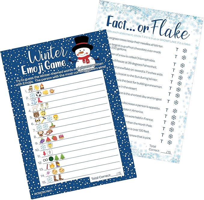 DISTINCTIVS Winter Holiday Party Games Emoji Picture Guessing and Fact or Flake Winter Trivia 2 Game Bundle for Kids - 25 Dual Sided Cards