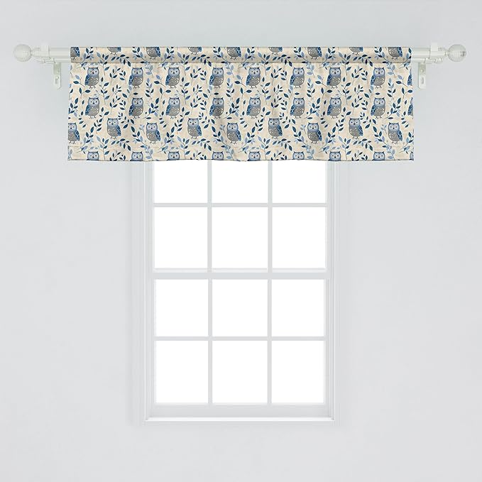 Ambesonne Owl Window Valance Pack of 2, Simple Design Classic Oriental Night Birds Pattern Leafy Ornaments Print, Rod Pocket Curtain Valances for Kitchen Bedroom, 54" X 18", Dark Night Blue and Beige