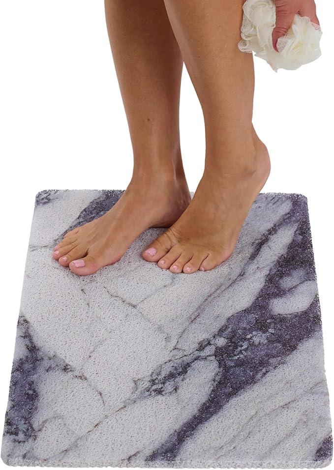 ENKOSI Loofah Non-Slip Shower and Bath Mat - Soft Cushioned Comfort - No Suction Cups for Smooth or Textured Tubs - Fast Draining - Safety for Bathroom, Family, and Elderly (24x16 Marble Grey Blue)