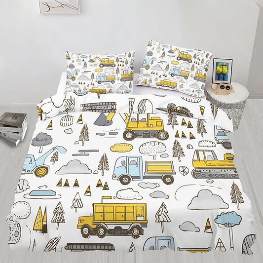 Cartoon Excavator Truck Duvet Cover Full Size Construction Vehicles Bedding Set Forest Road Construction Comforter Set Hand-Drawn Kids Engineering Vehicle Duvet Cover Soft Microfiber for Bedroom