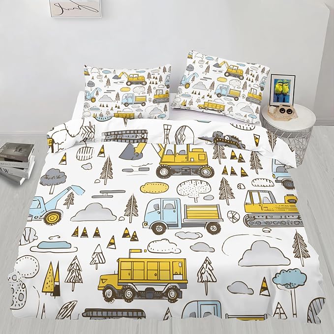 Cartoon Excavator Truck Duvet Cover Queen Size Construction Vehicles Bedding Set Forest Road Construction Comforter Set Hand-Drawn Kids Engineering Vehicle Quilt Cover Soft Microfiber for Bedroom