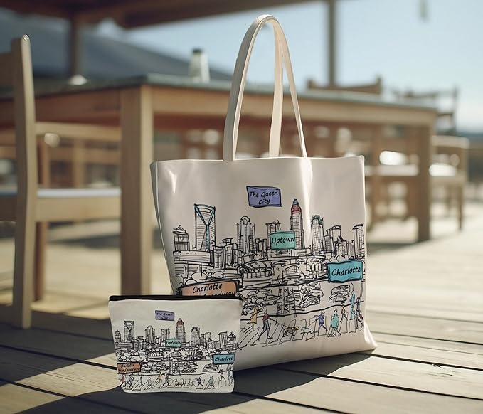 Cities Around the World Artwork Cosmetic Bag Series – Designed in USA, Travel Makeup Bag with Zipper, Souvenir Gift for Women, Artwork Organizer for Purse or Toiletry (Charlotte)