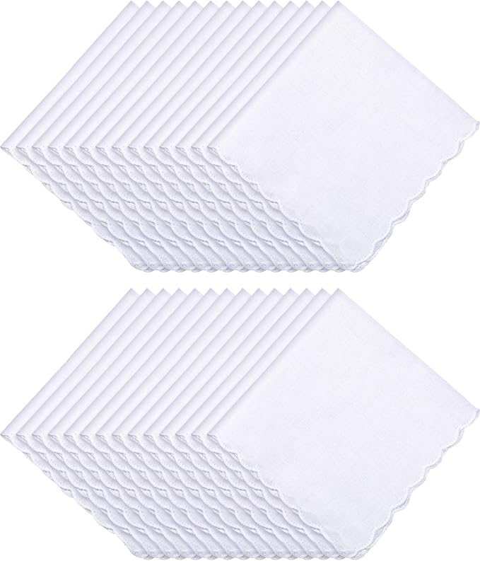 Kinlop Scalloped White Handkerchiefs for Women Men Bulk Cotton Hankies Pocket for Shower Gift Wedding Party Favor