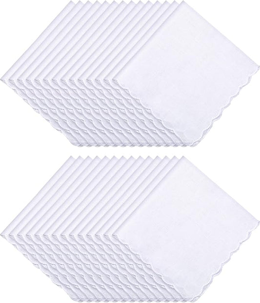 Kinlop Scalloped White Handkerchiefs for Women Men Bulk Cotton Hankies Pocket for Shower Gift Wedding Party Favor