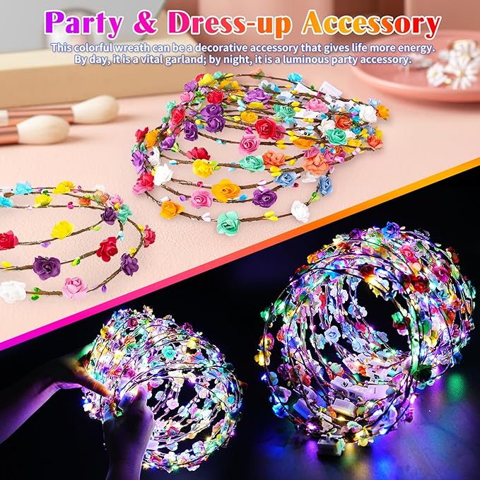 Valentines Day Gifts, 24 PCS LED New Year Flower Crowns Headbands, Light Up Flower Crowns for Women & Girls, Glow in The Dark Flower Hairbands Wreath for Wedding Beach Party Birthday Cosplay Gifts