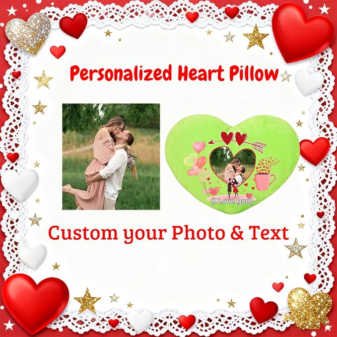 Custom Heart Pillow with Photo Text, Personalized Heart Shaped Pillow with Insert as Valentine Pillows Home Decor Personalized Gifts for Husband Wife Kids Family on Valentines Day Anniversary
