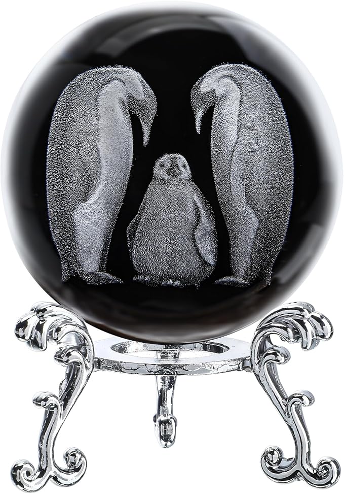 ZEERSHEE 60mm Crystal Penguins Decorative Balls 3D Laser Engraved The Penguin Family Paperweight with Stand