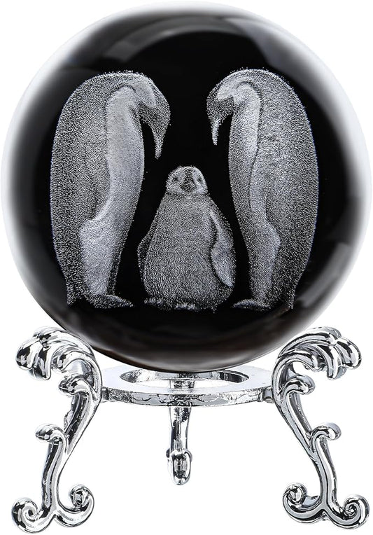 ZEERSHEE 60mm Crystal Penguins Decorative Balls 3D Laser Engraved The Penguin Family Paperweight with Stand
