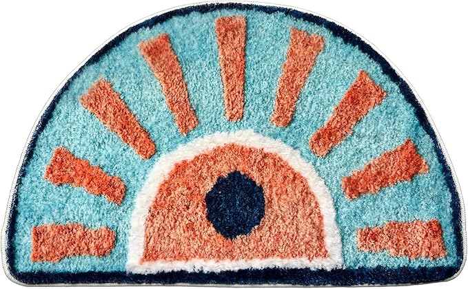 Washable Cute Bath Mat for Bathroom,31x20 Half Circle Non-Slip Small Bath Rugs, Absorbent Quick Dry Bath Mats, Plush Carpet for Bathtub, Boho Farmhouse Decor (Blue Sunshine)