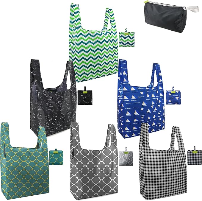 BeeGreen Geometry Reusable Grocery Bags Bulk 6 Packs X-Large, Reusable Shopping Bags Foldable for Groceries, Vegetables, Fruits Watertight Bulk Tote Bags Washable For Women and Men