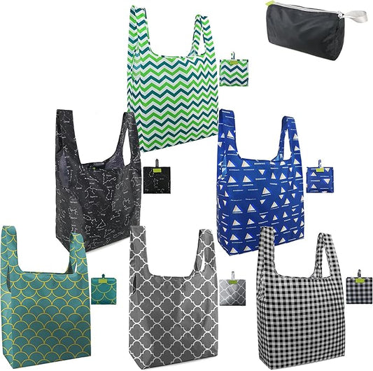 BeeGreen Geometry Reusable Grocery Bags Bulk 6 Packs X-Large, Reusable Shopping Bags Foldable for Groceries, Vegetables, Fruits Watertight Bulk Tote Bags Washable For Women and Men