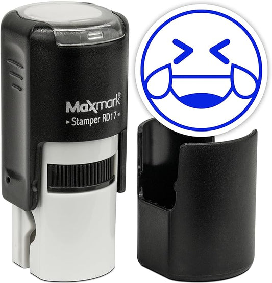 MaxMark Round Self Inking Emoji Stamp - Laughing - Blue Ink