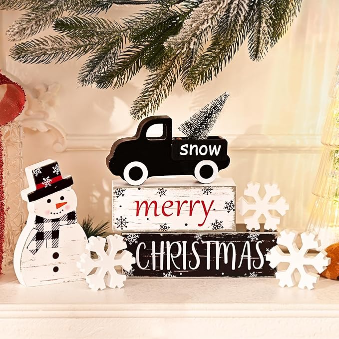 Yinhua Christmas Decorations Indoor, Christmas Table Decor, Black Truck Snowman Decorations with Xmas Tree & Snowflakes, Farmhouse Wooden Block Sign, Xmas Mantel Decor for Tiered Tray, Desk, Bookshelf