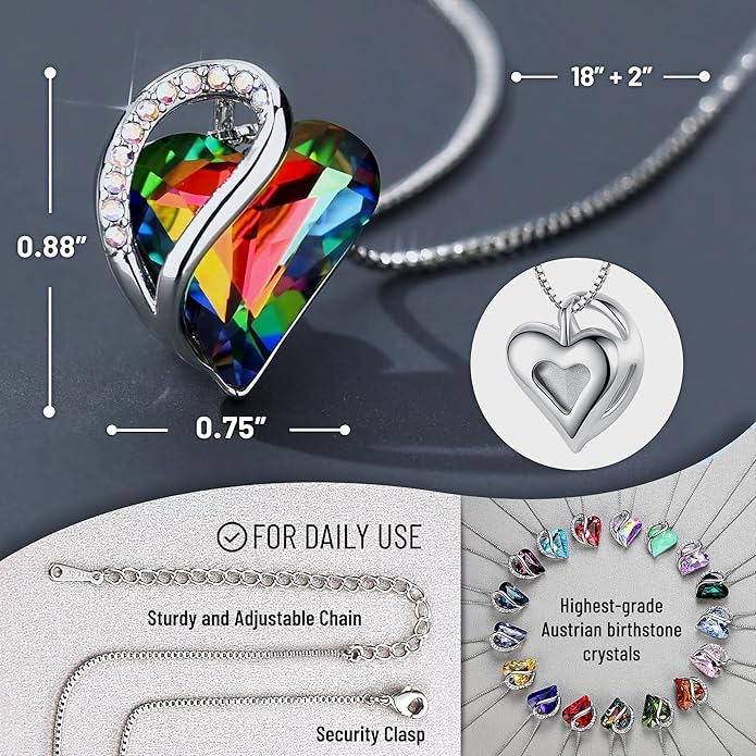 Leafael Valentine's Day Gift Necklaces for Women, Infinity Love Birthstone Heart Crystal Pendant, Birthday Anniversary Jewelry for Wife, Mom, and Her, Silver Plated, 18" + 2" Adjustable Chain