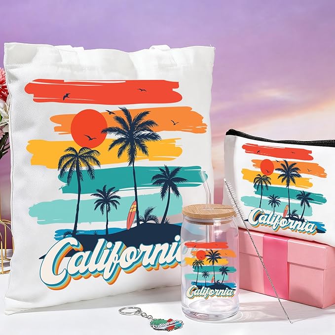 Chuangdi 4 Pcs California Travel Gifts Set Canvas Bag Cosmetic bag 16 oz Tumbler and Keychain California City Souvenirs for Christmas Traveler Friend Lover Sister Gifts