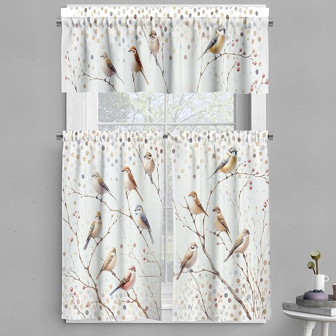 Ambesonne Bird Print Valance & Tier Curtain 3 pcs Set, Watercolor Style Polka Dots and Animals on Leafless Fall Branches, Window Treatments for Kitchen Room Decor, 55" x 45", Pastel Brown Purpleblue