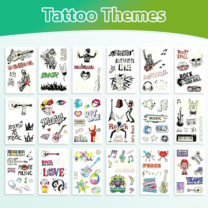 Rock and Roll Temporary Tattoos for Women Teens, Y2K 90s Music Party Favors, Waterproof Fake Tattoo Stickers with Guitar Skull Cassette Graffiti Designs for Concert Festival Rave Accessories