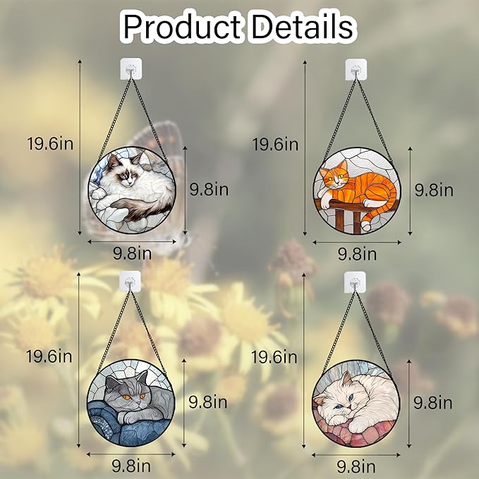 Stained Glass Window Hanging 4 Pcs Set Cute Cat 9.8" - Suncatcher Door Garden Sun Catcher Decor Birthday Mother's Day Christmas Comfort Gifts for Lost Pet Woman Nana Mom Men Friend