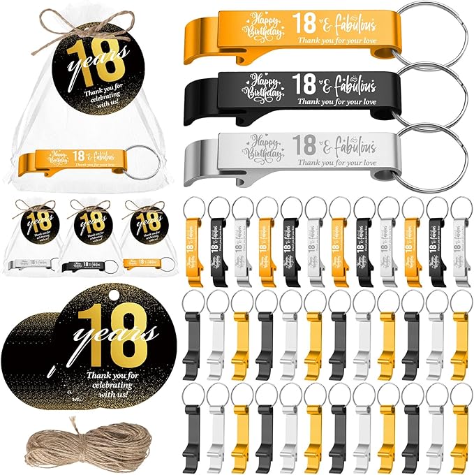 Dandat 54 Sets 18th Birthday Party Favors for Guests Birthday Beer Opener Keychain Cheers to 18 Bottle Opener Keychain with Thank You Cards and Gift Bags for Anniversary Wedding Party Favors