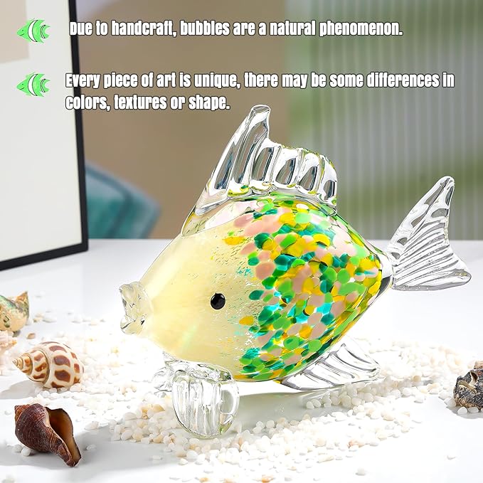 Ornalrist Blown Glass Fish Handmade Statue - Ocean Decor for Living Room, Green Colorful - Gifts for Women, Mom, Friends, Fish Lovers - Home Table Decor