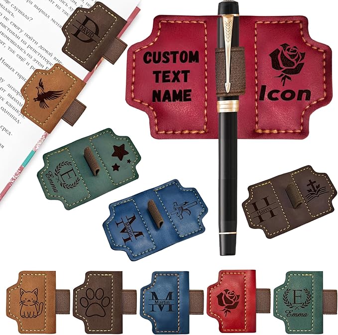 Personalized Magnetic Leather Bookmark with Pen Holder Custom Book Mark with Name Initial Logo Engraved Book Markers for Reading with Pencil Clip Gifts for Book Lovers Women Men Kids