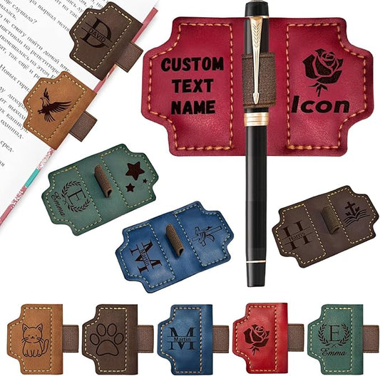 Personalized Magnetic Leather Bookmark with Pen Holder Custom Book Mark with Name Initial Logo Engraved Book Markers for Reading with Pencil Clip Gifts for Book Lovers Women Men Kids