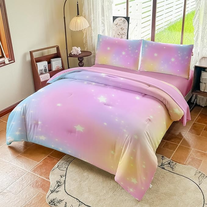 Rainbow Bedding Set Full Size – 5 Piece Reversible Girls Comforter with Deep-Pocket Sheet, Gradient Galaxy Design, Whole-Piece Filling, Machine Washable Bed-in-a-Bag for Kids Room Makeover & Gifts