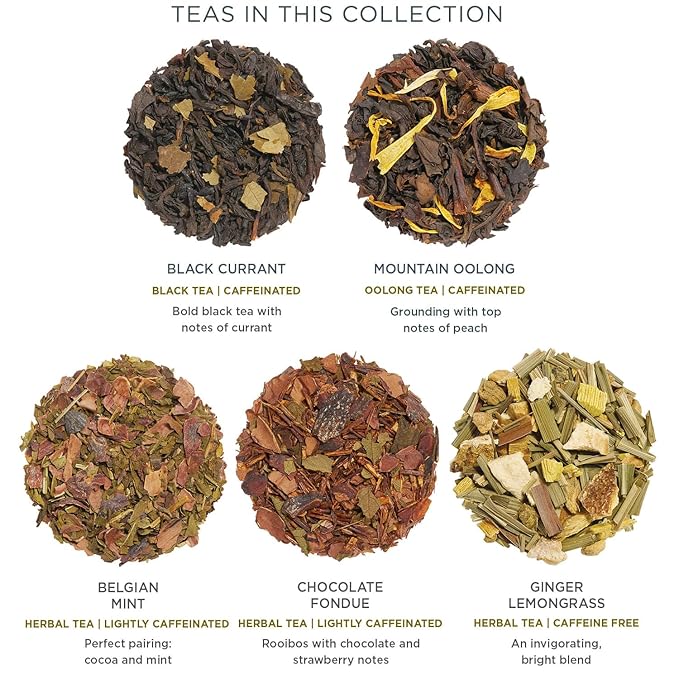 Tea Forte Premium Petite Presentation Box Gift Set Sampler, 10 Count, 2 of Each Blend Individually Wrapped Handcrafted Pyramid Infuser Bags, Winter Chalet