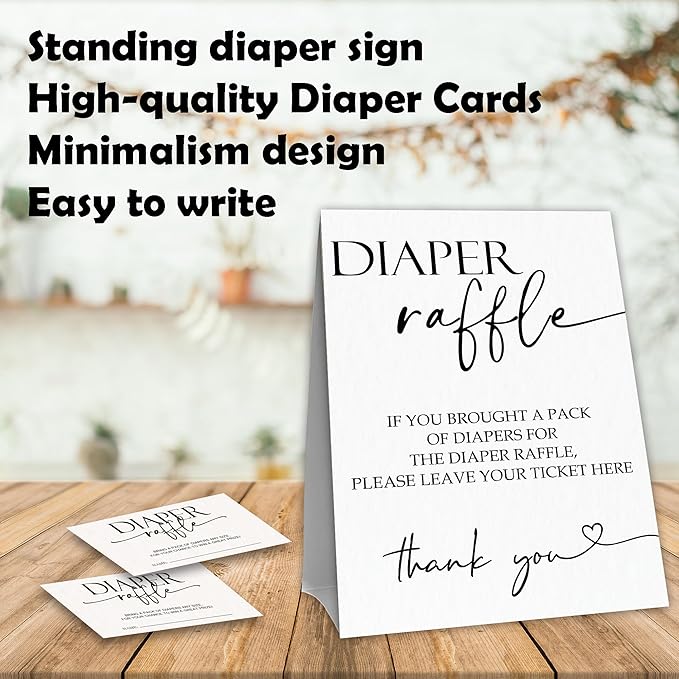 Baby Shower Diaper Raffle Game Set,White Baby Shower Game Kit,Minimalism Theme1 Standing Sign & 50 Raffle Tickets,Baby Announcement,Gender Reveal Party Decorations & Supplies-A11