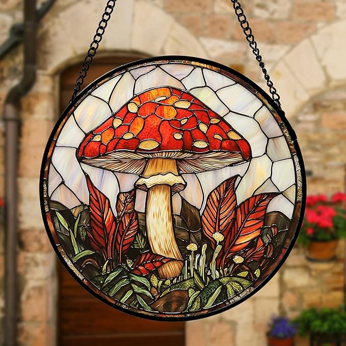 Stained Glass Window Hanging, Big Red Mushroom Suncatcher for Doors Home Sun Catchers Decoration and Christmas, Mother's Day Birthday Gifts for Women, Men, and Mom 6.3 in