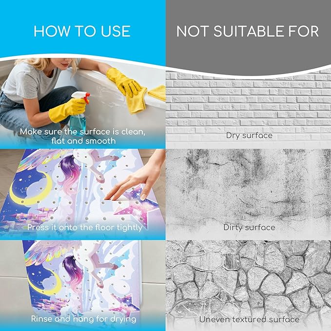 Baby Bath Mat for Tub, Non Slip Kids Bath Shower Mat, 40 X 16 Inch Large Bathtub Mat with Drain Holes and Suction Cups for Toddlers, Machine Washable and Waterproof (Unicorn)