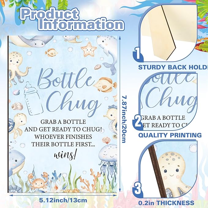 TrelaCo Cool Baby Shower Games Bottle Chug Sign and 12 Pcs Baby Bottle Shower Favor Bottles for Gender Reveal Games (Blue, Under the Sea)