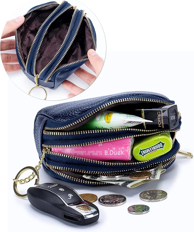 LINNO 3 Zippered Genuine Leather Coin Purse Triple Capacity Change Pouch Little Travel Wallet With Key Ring for Women