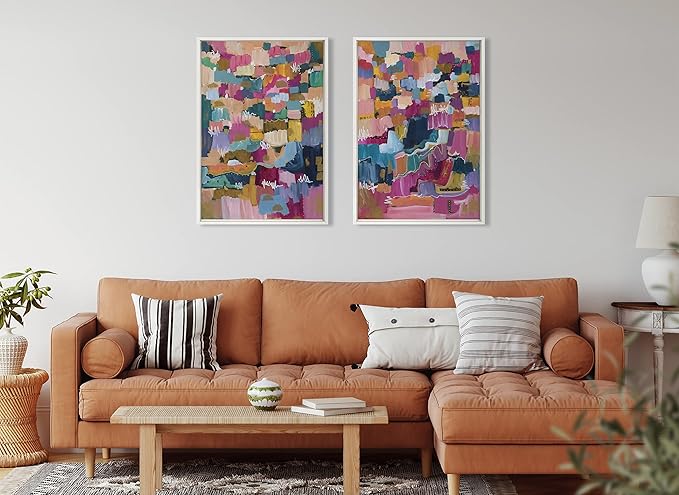 Kate and Laurel Sylvie Applause Framed Canvas Wall Art Set by Leah Nadeau, Set of 2, 23x33 White, Multicolored Abstract Art Collection for Wall