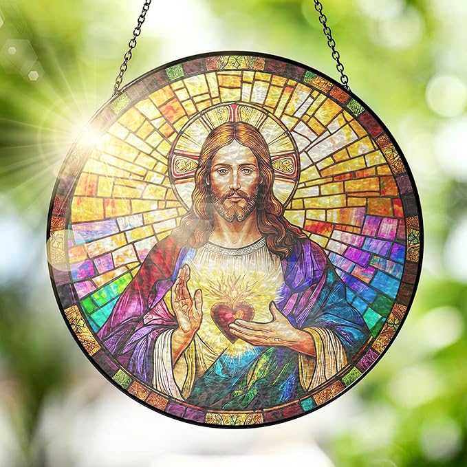FLAGWIX Christian Gifts for Women Faith - Sacred Heart Stained Glass Window Hanging 8 in - Birthday Catholic Religious Gifts, Suncatchers Windows Hanging, Spiritual Suncatcher Home Garden Decor