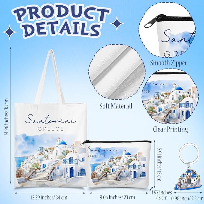 Chuangdi 4 Pcs Greece Souvenirs Gifts Set Canvas Bag Cosmetic Bag 16 oz Tumbler and Keychain Greece City Travel Gifts for Friend Lover Sister Traveler