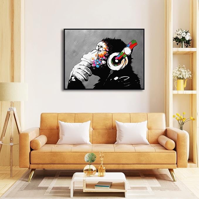 Wieco Art Large Black Framed Monkey With Headphones Banksy Graffiti Art Abstract Canvas Painting for Home Decor Canvas Wall Art for Living Room Decoration Wall Decor & Office Decor